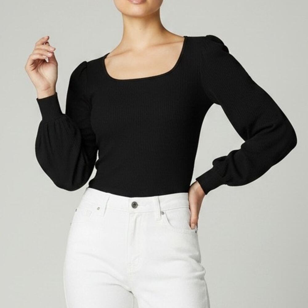 The Drop Lucy Black Square Neck Puff Sleeve Ribbed Top Women's Size XS NWT
